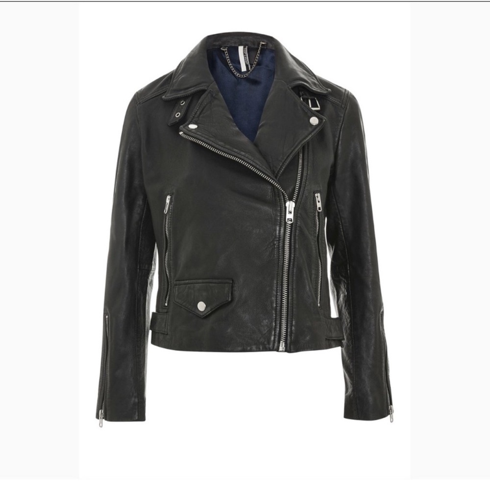 Topshop Lucky Black Distressed Leather Moto Jacket 2US